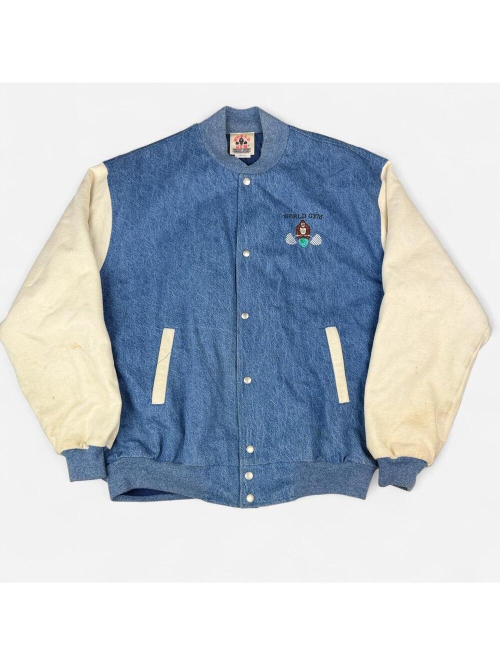 Blue chambray cream snap button World Gym gorilla jacket size XL 80s 90s